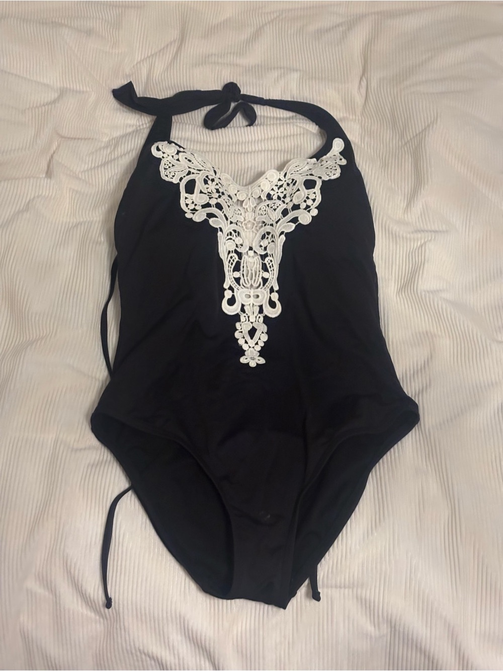 Girls Black One-Piece Swimsuit with White Lace Accent